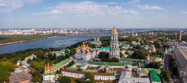 Magical aerial view of the kiev pechersk lavra near the motherland monument