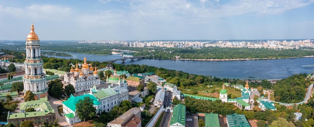 Magical aerial view of the kiev pechersk lavra near the motherland monument
