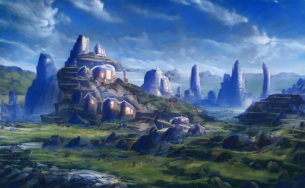 Magical Alien Planet World with different buildings