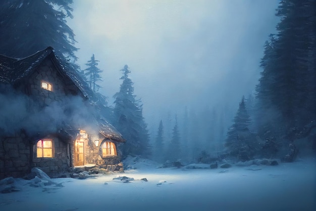 Magical ancient snowy house 3d illustrated