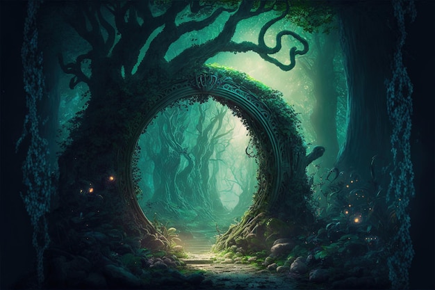 Magical arch portal made with tree branches Door to fantasy dimension Digital illustration AI