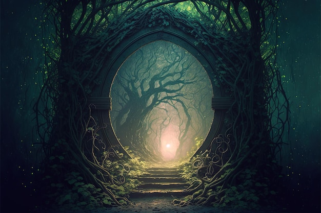 Magical arch portal made with tree branches Door to fantasy dimension Digital illustration AI