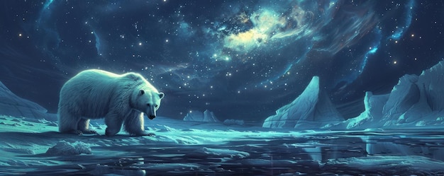 魔法の北極クマ 氷河の上 星空の下 夜の旅
