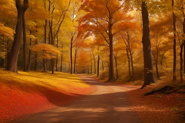Magical autumn forest with path and fantastic glow