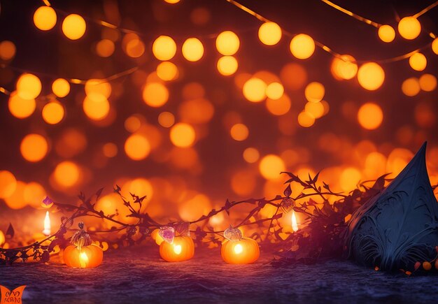 A magical background for Halloween with garlands with orange bokeh lights Mystical night forest in