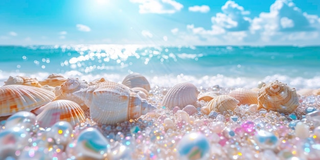 Волшебный пляж Блестящее голубое небо с белыми облаками Жемчужины и многие красивые красочные блестящие большие ракушки