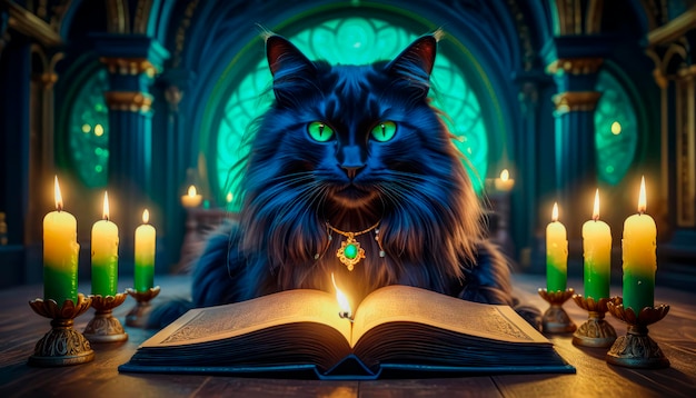 A magical black cat tells fortunes on a Magic Book from the wizards room