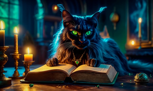 Волшебная черная кошка предсказывает судьбу в волшебной книге из комнаты волшебников.