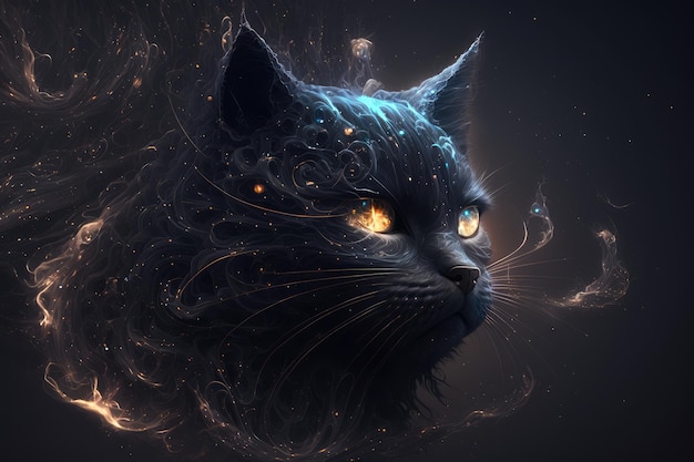 Magical black cat with galaxies spirals space nebulae stars smoke graphic