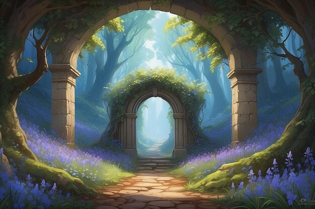 Magical Bluebell Portal Vibrant Archway Digital Painting