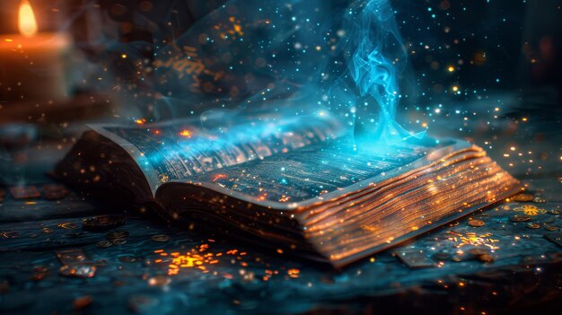 Magical book with glowing pages and floating symbols