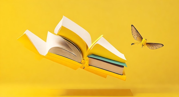 Magical books flying on yellow background generated by ai