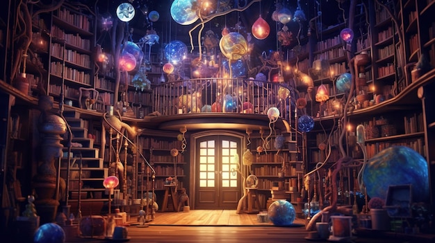 Magical bookshelf digital art illustration