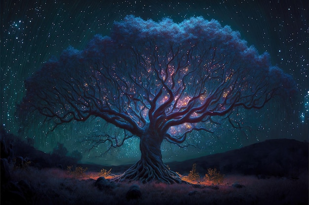 Magical branchy tree illuminated by bright light in starfall night