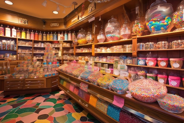 Magical candy shop with shelves of colorful treats whimsical displays and a sprinkle of magic