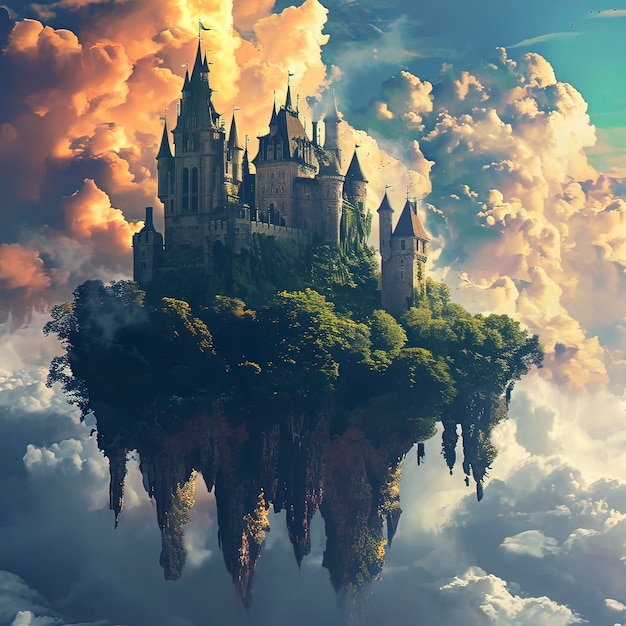 Волшебный замок, плавающий в небе.
