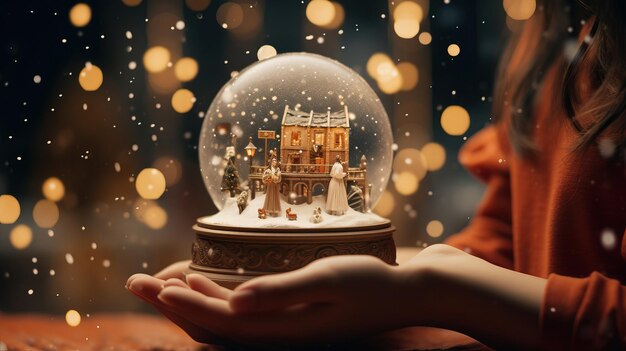 Foto scena magica di natale giovane ragazza che tiene in mano un globo di neve invernale luci scintillanti ai contenuto generato