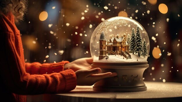 Magical christmas scene young girl holding winter snow globe sparkling lights ai generated content