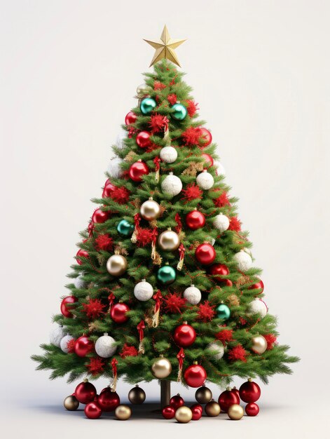 白い背景に隔離されたプレゼントと装飾の魔法のクリスマスツリー