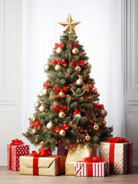 Magical Christmas tree with gifts and decoration isolated on white background