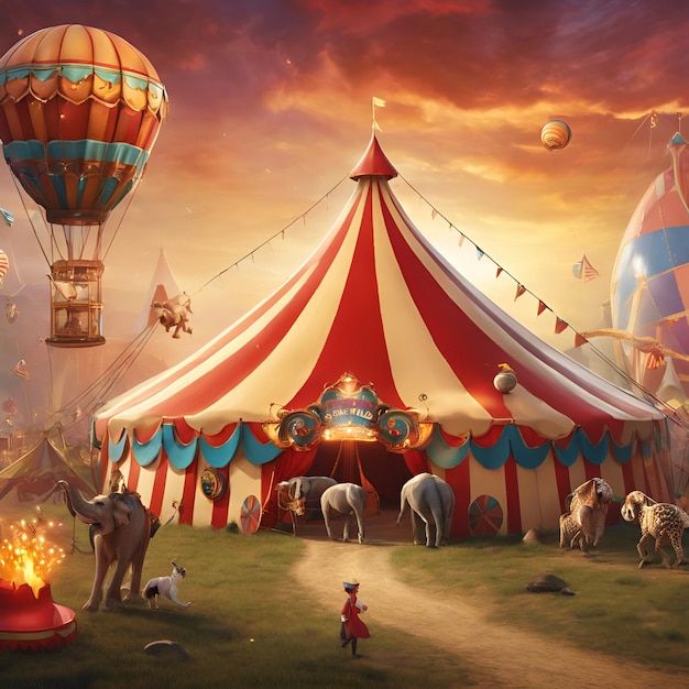 Magical circus traveling through a realm of wonders and enchantment