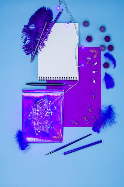 Magical colorful background for creativity Magical still life with artistic means Artist workspace mock up on table