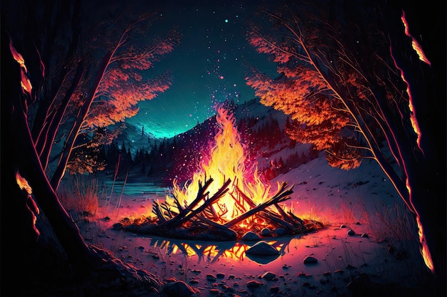 Magical colorful bonfire in winter nature created with generative ai