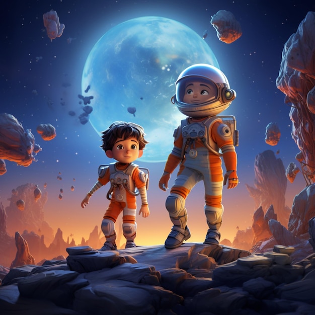 Magical and colorful moon young boy and girl astronaut image AI generated art