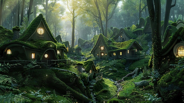 Photo magical community mossy cottages