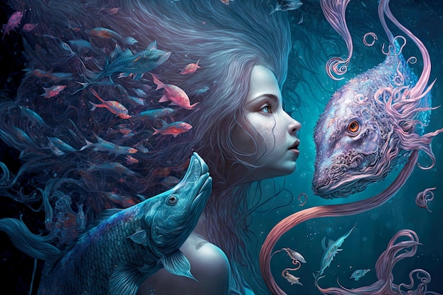 Magical creature with tails of fish and girl in form of mermaid