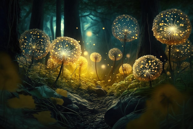 Magical dandelions in a dark misty forest