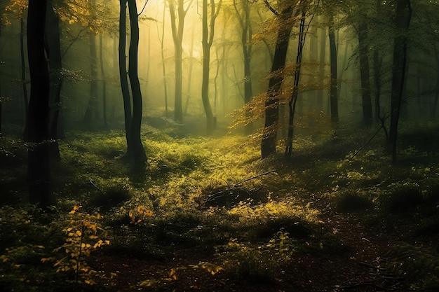 Magical dark green forest in soft sunlight