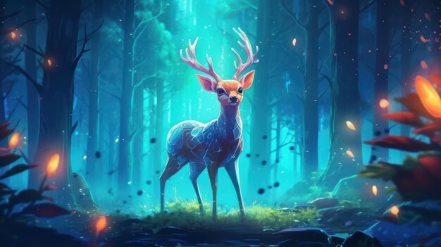 Magical deer in fantasy landscape colorful glowing fantasy forest spirituality illustration