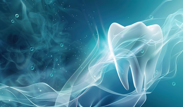 Magical dental health concept with glowing tooth and ethereal waves