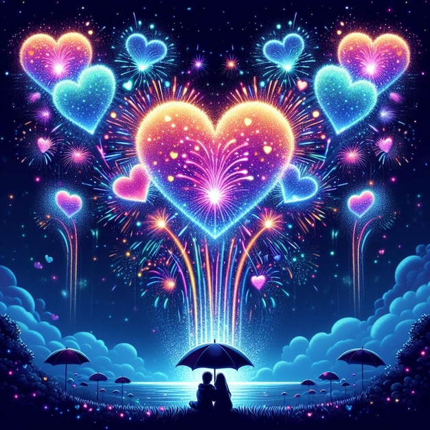 A magical display of fireworks in the shape of hearts exploding in a burst of colors