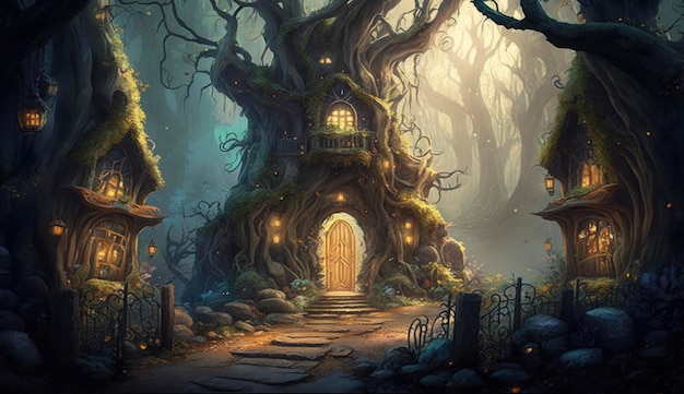 The Secret of NIM Generate Ai のスタイルで隠された妖精の村がある魔法のような夢のような森
