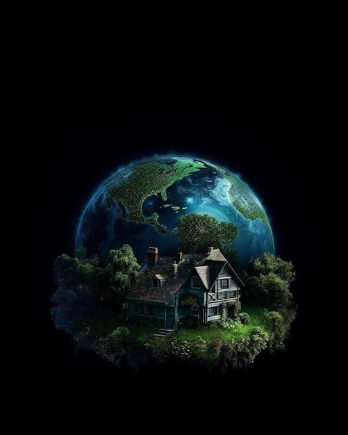 Magical earth with house on black copy space background