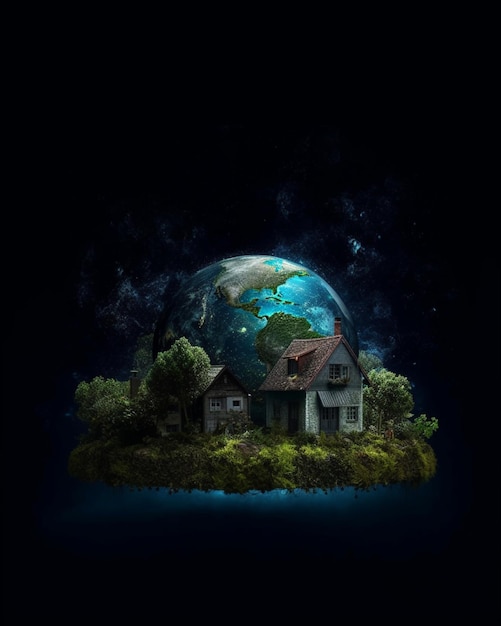 Magical earth with house on black copy space background