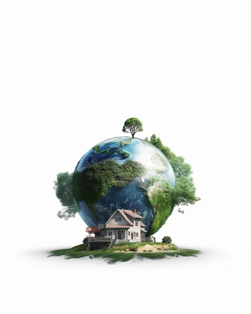 Magical earth with house on white copy space background