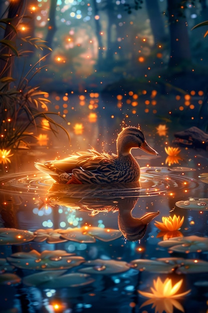輝く光に囲まれた魔法の森の池で泳ぐアヒルとの魔法の夕方のシーン