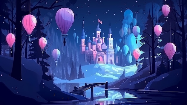 a magical fairy castle in winter illustration