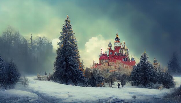 Foto magico castello delle fiabe nella foresta invernale a natale