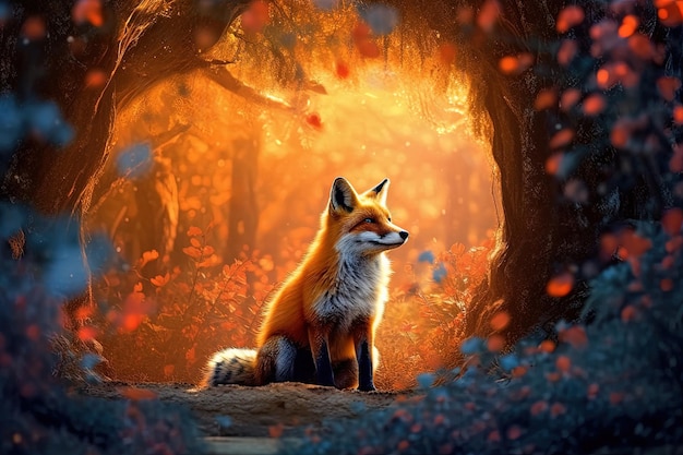A magical fairy tale forest with a fox A mythical realm is like something out of a storybook