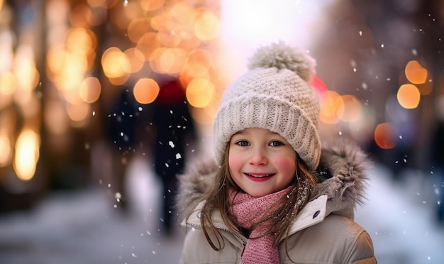 Magical fairy tale winter landscape with snow fall Outdoor close up photo of young beautiful happy