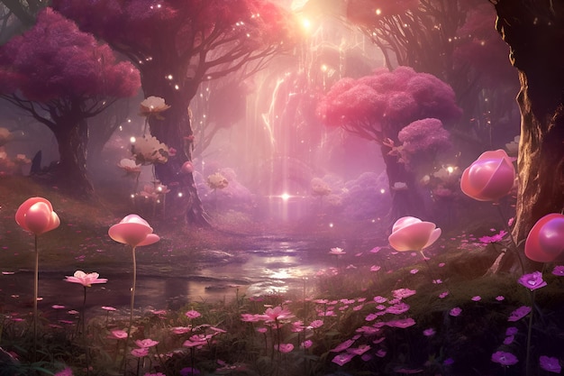 Magical fairytale forest in pink colors with flowers and lights