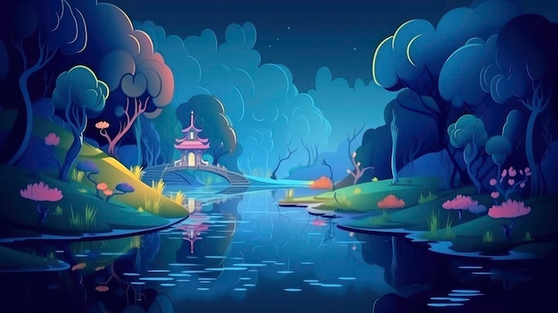 A magical fairytale landscape with a forest lake enchanted garden and a mysterious blue background Generate Ai