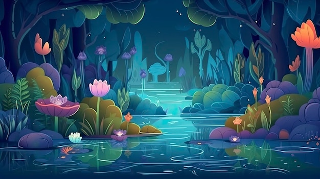 Волшебный сказочный пейзаж с заколдованным садом лесного озера и таинственным голубым фоном Generate Ai