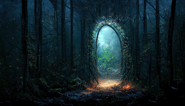 A magical fantastic dense green forest A blue portal is visible between the trees Fabulous illustration 3d illustration