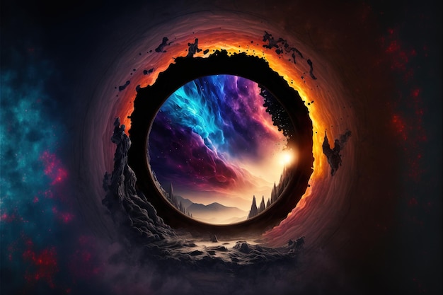 magical fantasy black hole portal in the space with colorful nebula