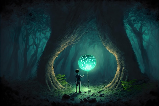 Magical fantasy boy with a magic ball tree